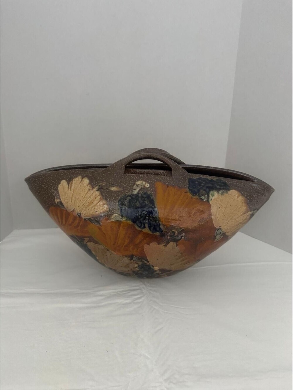 Vtg Art Pottery Floral Console Bowl Centerpiece-canoe Shape Floral Brown